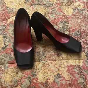 YSL Yves Saint Laurent Vintage Black Satin Peep Toe Pumps Heels Women’s 38